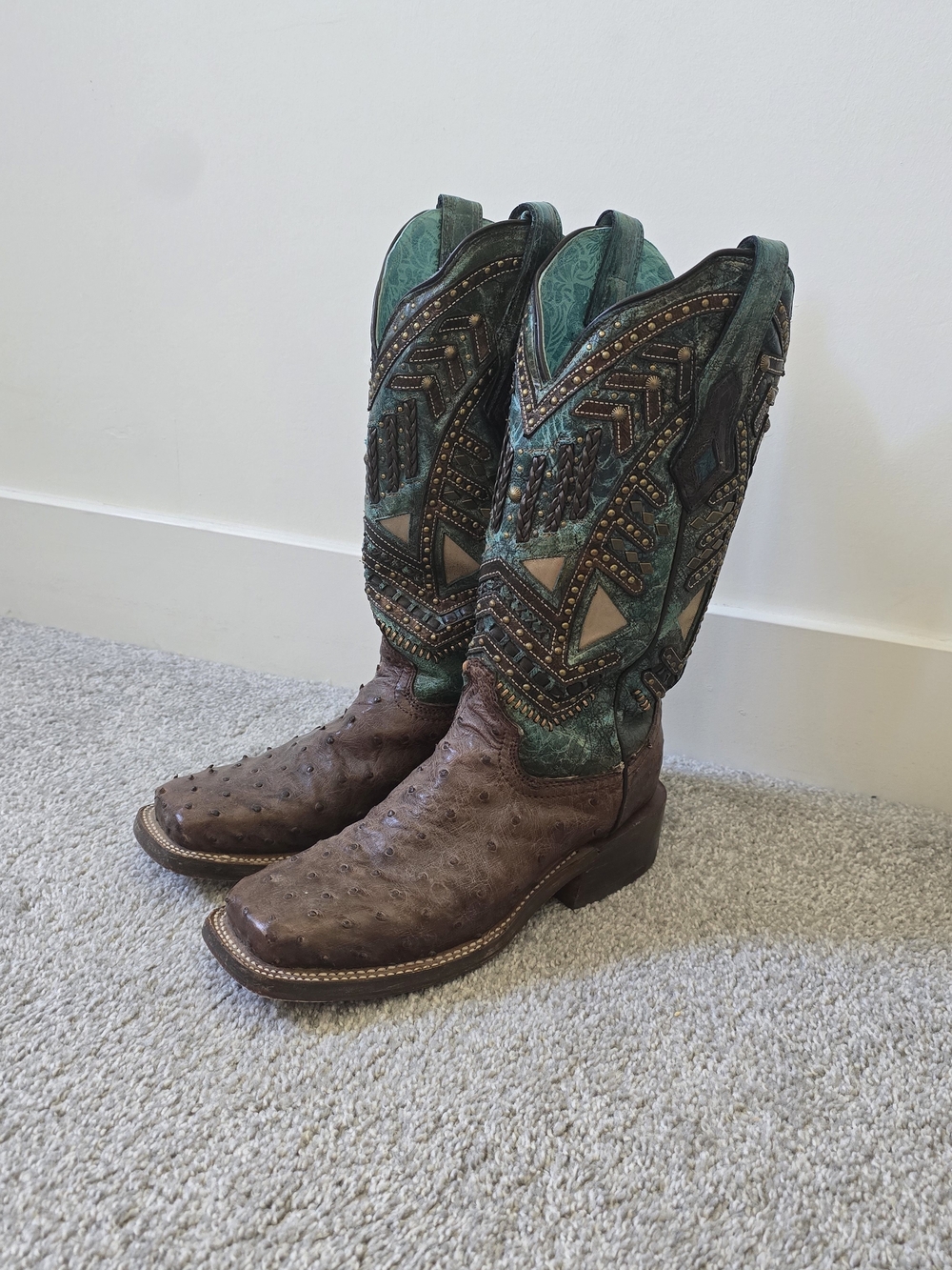 Corral 7.5 Turquoise & Ostrich Square Toe Womens Cowboy Boots